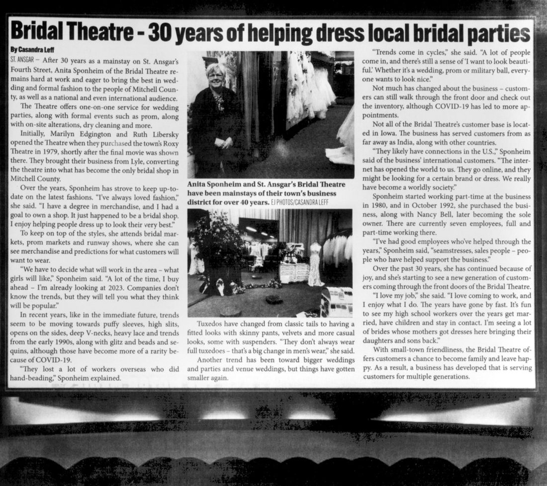 Newspaper feature: Bridal Theatre, 30 years of helping dress local bridal parties, with photos of Anita Sponheim and the shop interior