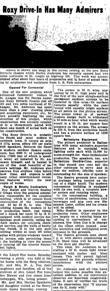 1953 newspaper article: Roxy Drive-In Has Many Admirers, showing the screen being raised