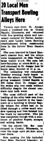 1956 newspaper clipping about bowling alleys arriving